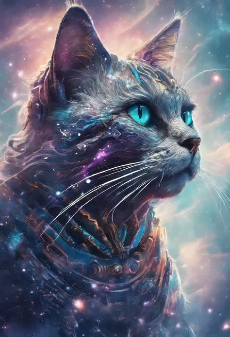 a galactic cat with a lot of hair on it's head, staring at something in ...