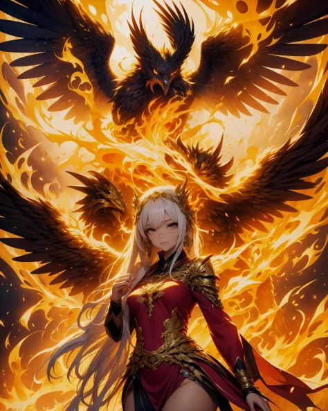 a beautiful woman in a red dress standing in front of a large bird, with fiery golden wings of flame, ornate with fiery explosio...