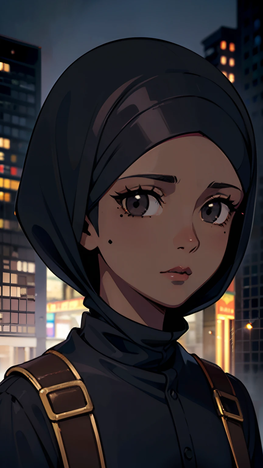 1 girl, (dark brown skin tone:1.4), very short hair, black eyes colour, mole down the right eye, (black Muslim clothes:1.1), Cold expression, depressed, dominant aura, (high quality, masterpiece, extremely detailed:1.2), city background, portrait