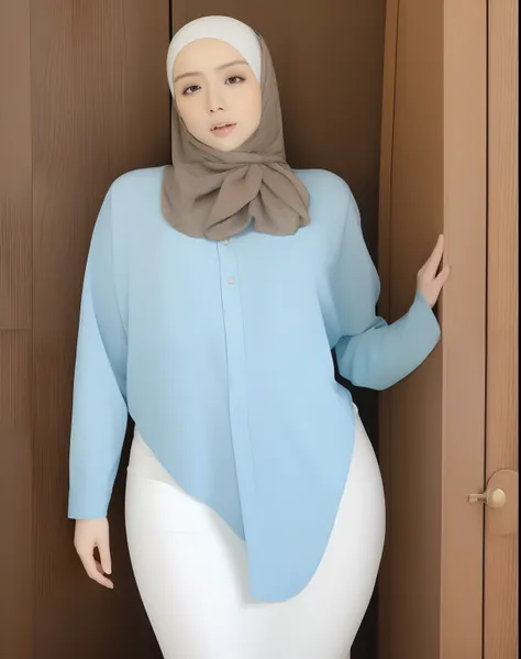 A woman wearing a hijab and a white shirt standing in front of a door -  SeaArt AI