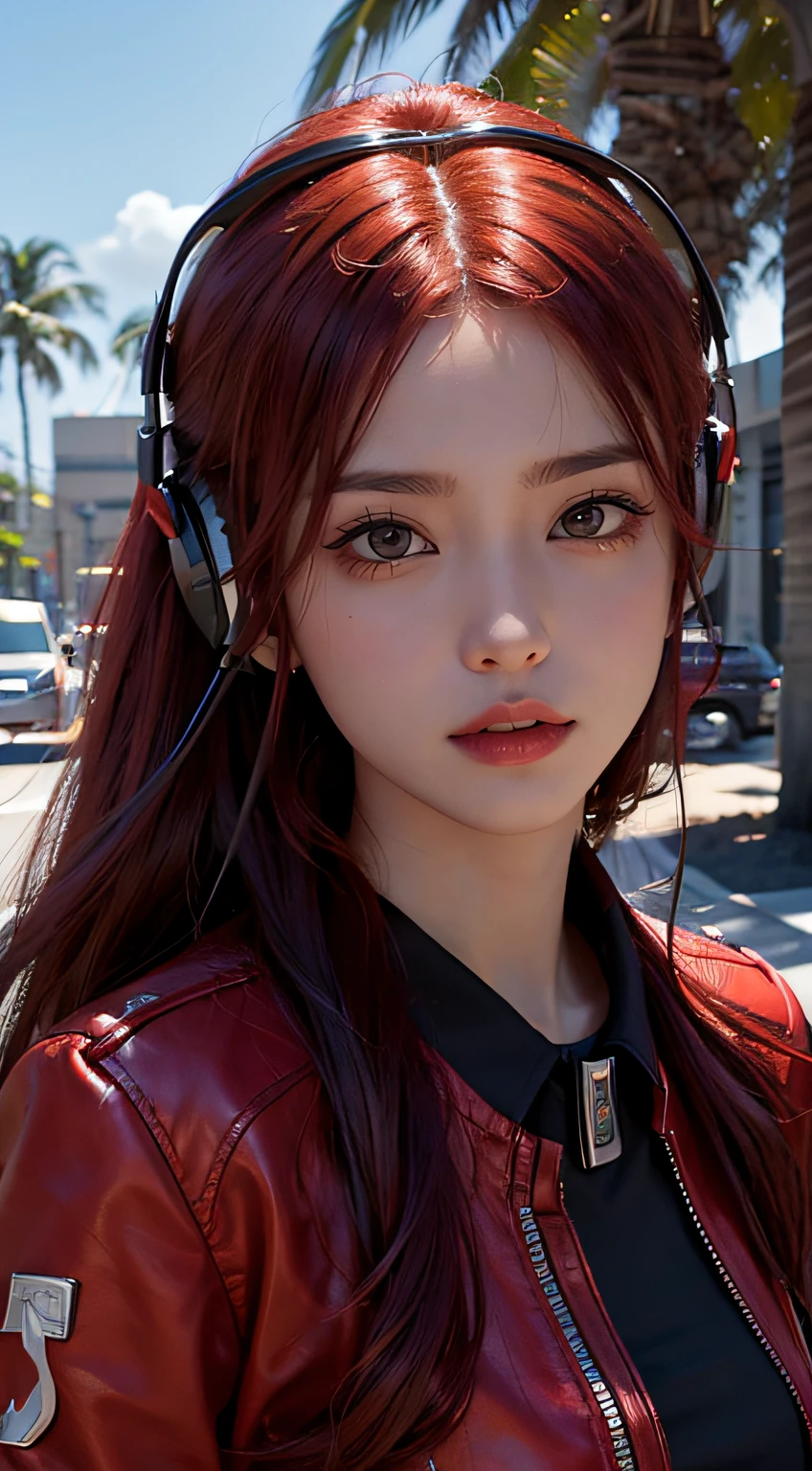 Beautiful girl holding red pistol，red tinted hair，Wear black headphones，Background under palm trees，Bokeh background，High-definition realistic graphics，The face is clear，Good facial features
