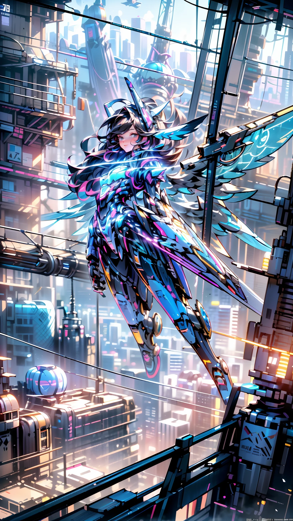 tmasterpiece，best qualtiy，highest  quality，ultra - detailed，Best resolution，8K，CG，illustration，realisticlying，aerial perspective，(Surrealist tech metropolis:1.2)，(The mech girl flew over the city:1.2)，(Mechanical wings with a sense of technology:1.3)，Transparent Goggles，Glowing tech mech，Beautiful facial features，Detailed facial details