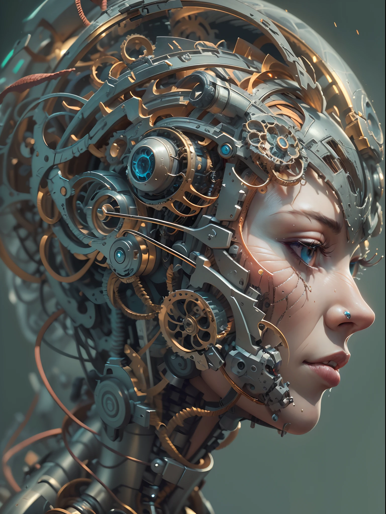 ((Best quality)) , ((Masterpiece)) , (Detailed) , (A woman becomes a machine:1.3)，Intricate mechanical details，Detailed head anatomy，insanely details，rendering by octane, elegant, cel shading, agony, L USM, Vivid colors, absurderes, extremely hyper aesthetic, 8K resolution