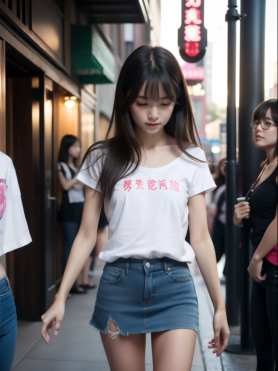 Araffed asian woman walking down a street with a white shirt - SeaArt AI