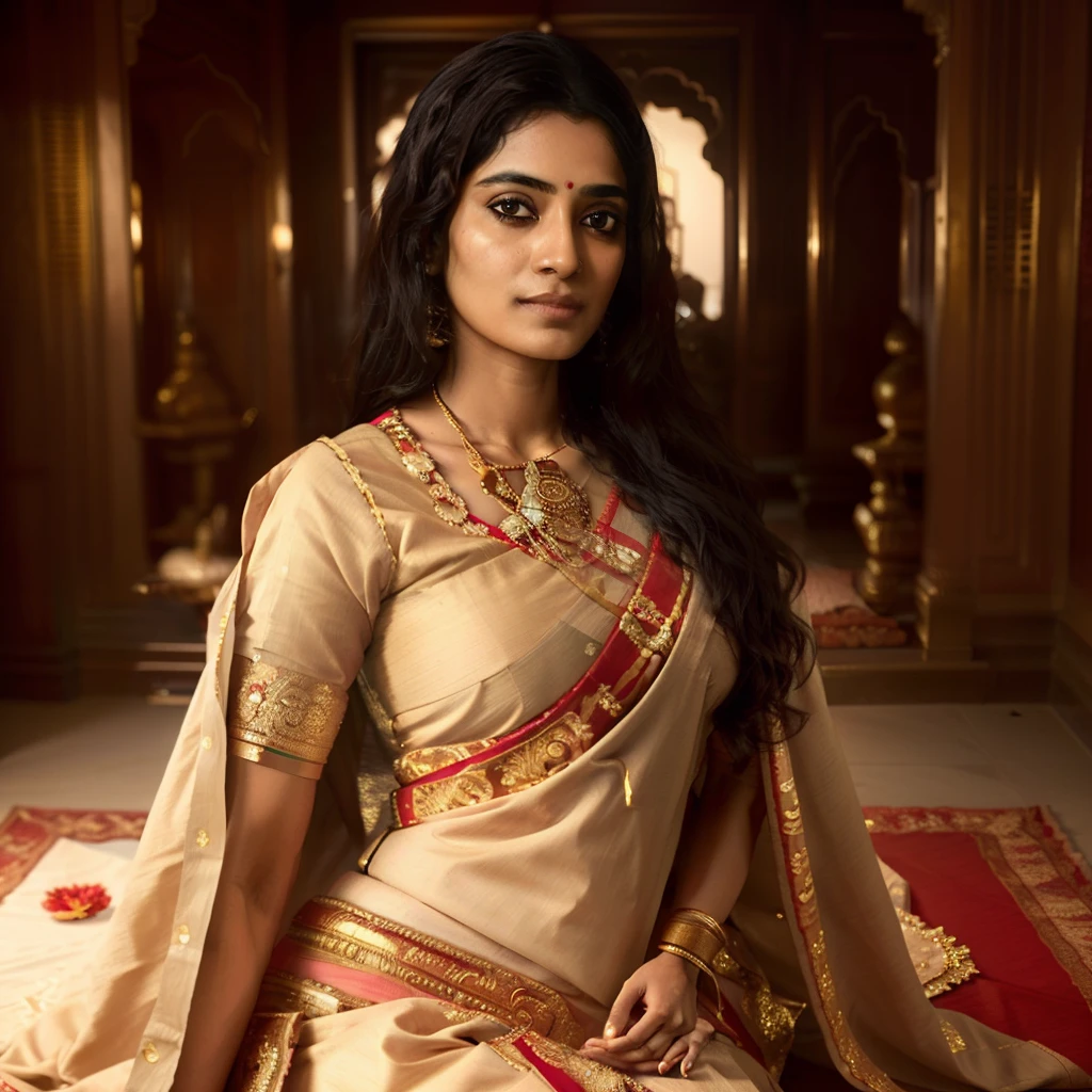 indian girl, 30 year old, wearing saree and indian attire, wearing gold ornament, sitting in a palace room, photograph by artgerm and (greg rutkowski:0.3), portrait photo, (cinematic:0.4) lighting