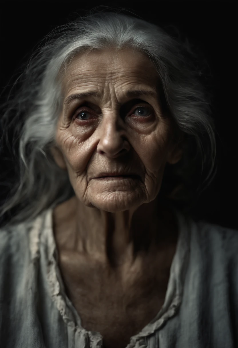 elderly woman, withered, eyes all white, dark and old torn clothes, dry skin, detailed, eyes forward, horror film, all dark background, battered, realistic, 8k