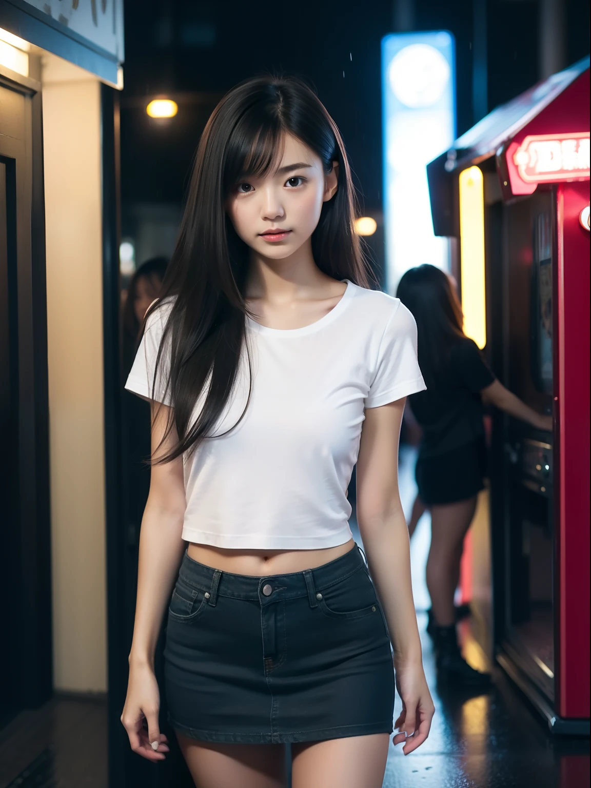 young，(a miniskirt)，tshirts，teens girl，Delicate body， body，Delicate body，，tiny chest，Short，A darK-haired，Very Longhair，arcade，Very heavy rain