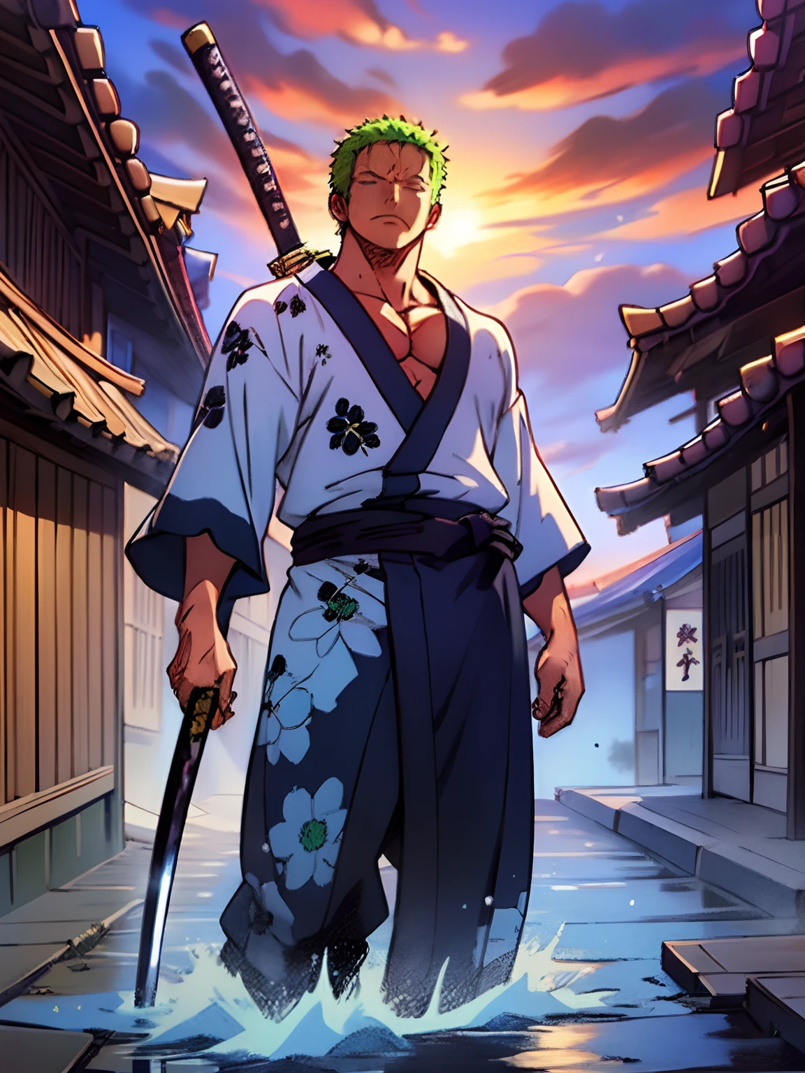 Roronoa Zoro (Obra de arte, Resolução 4k, ultra-realistic, Muito detalhado), (Tema do samurai branco, carismático, há um espadachim ao lado de um japonês "andar de" bar, vestindo um quimono azul com detalhes de nuvens no "coração" acompanhar, ele é comandante da primeira divisão do líder do bando mugiwara, trabalhar "uma pedaço"), [ ((19 anos), (cabelo verde curto:1.2),  corpo todo, (olhos azuis:1.2), ((Roronoa Zoro's pose), demonstração de força, desembainhando com uma mão suas katanas enma), ((Ambiente rural japonês):0.8)| (paisagem rural, ao entardecer, luzes dinâmicas), (sol cego)), 1 katana]. # Explicação: Prompt descreve principalmente uma pintura 4K de ultra-alta definição, muito realista, Muito detalhado. Mostra um espadachim, mestre do estilo Santoryu de katanas, vestindo um quimono azul com detalhes de nuvens na cintura. O tema da pintura é um espadachim branco, segurando com uma mão sua katana preta enma, the male protagonist has cabelo verde curto, is 19 anos old and his entire defined body is shown in the painting, com características de endomorfo bombeado.