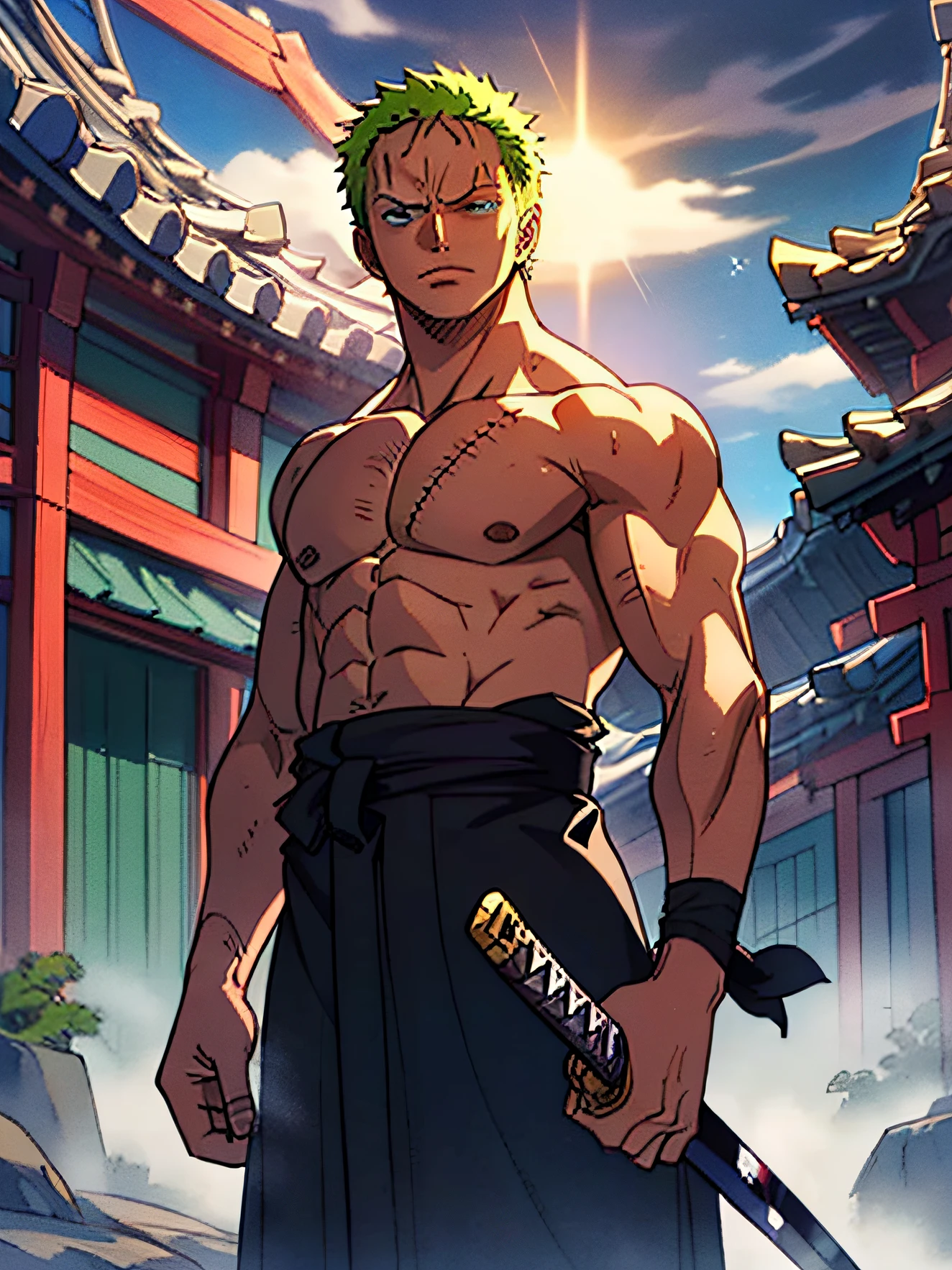 Roronoa Zoro (傑作, 4K解像度, 超リアル, 非常に詳細), (白いサムライのテーマ, カリスマ的な, 日本人の隣に剣士がいる "乗る" バー, 雲の模様が描かれた青い着物を着て "心臓" 追跡, 彼は麦わらの一味のリーダーの第一部隊の指揮官である, 仕事 "ワンピース"), [ ((19年), (短い緑の髪:1.2),  全身, (青い目:1.2), ((Roronoa Zoro's pose), 力の誇示, 片手で刀を抜く閻魔), ((日本の農村環境):0.8)| (田園風景, 夕暮れに, ダイナミックライト), (目がくらむ太陽)), 刀 1本]. # 説明: プロンプトは主に超高精細の4K絵画について説明します, とても現実的, 非常に詳細. 剣士を表している, 三刀流刀の達人, 腰帯に雲の模様が入った青い着物を着て. 絵画の主題は白人の剣士である, 片手に黒刀閻魔を持ち, the male protagonist has 短い緑の髪, is 19年 old and his entire defined body is shown in the painting, 膨らんだ肥満体型の特徴を持つ.