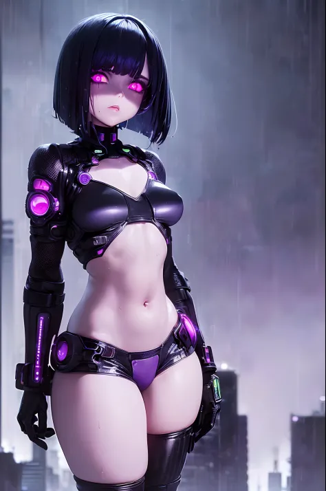 Woman, (against the backdrop of a cyberpunk city:1.3), (tech minisuit:1.3), (small breasts:1.4), (flat chest:1.3), (dim lighting:1.3), (detailed hair:1.3), (bob haircut:1.3), (blue hair:1.3), (highly detailed:1.3), (glowing purple eyes:1.4), (detailed face...