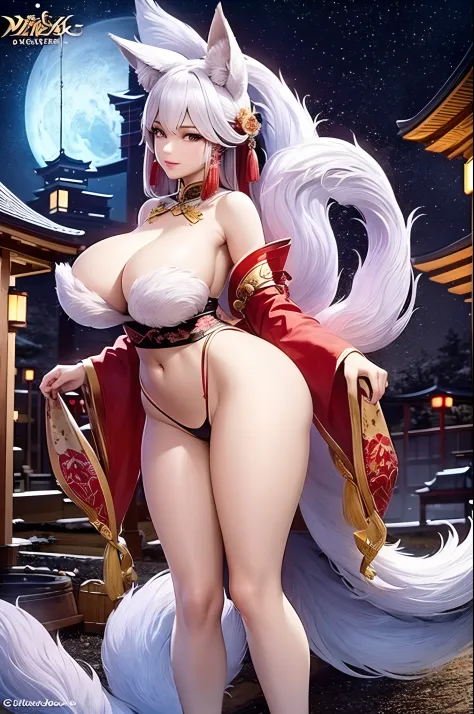 (Best quality:1.2, ultra-detailed, photorealistic:1.3), colorful, brightly lit night scene, enchanting atmosphere. Beautifully detailed nine-tailed kitsune woman, with captivating emerald eyes, rosy cheeks, and silky long black hair flowing in the breeze. ...