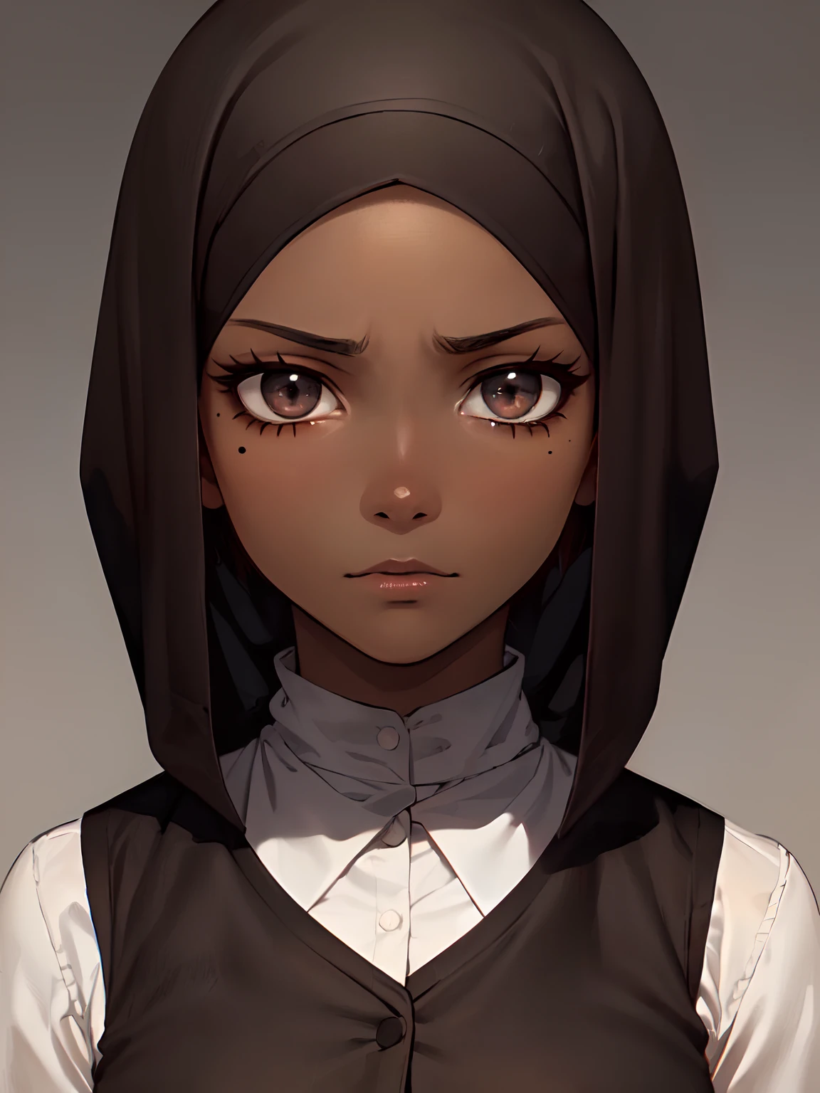 1 girl, (dark brown skin tone:1.4), very short hair, black eyes colour, mole down the right eye, (black Muslim clothes:1.1), Cold expression, blank eyes, mature, dominant aura, (manga:1.2), (masterpiece, high quality, highly detailed, insane details:1.2)