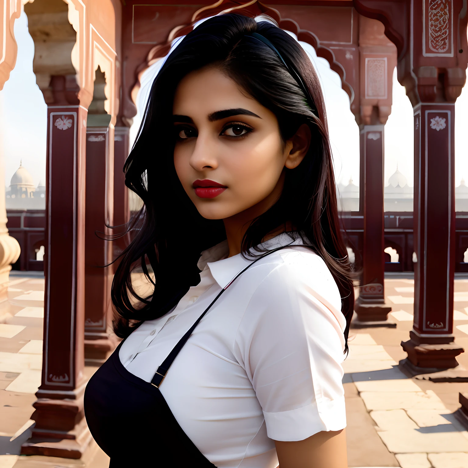 ((beautiful)+(attractive:0.9)+(sensual:0.8)) white Pakistani women ((nerd:0.8)+(lovely)+(clean skin)) with hazel eyes and red lips. Medium dark black  hair, ((intense eyes)), with red fort of delhi in the background, facing directly to the camera