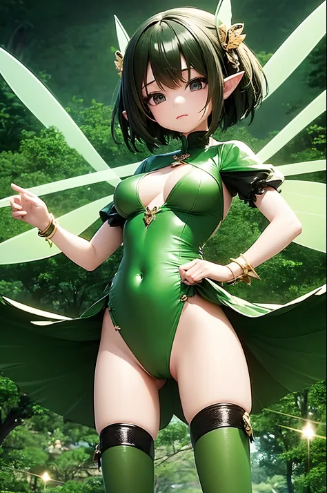 Anime girl in green and black costume on wings and green background, big breasts, slim body, revealing dress,super minidress, pixie character, fairy, forest fairy, insect trainer girl, brunette elf with fairy wings, pixie, cute 3d anime girl rendering, Apr...