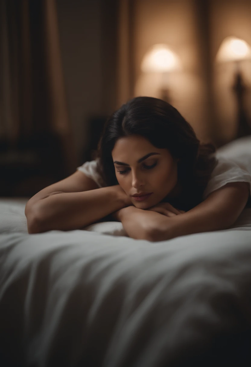 Woman in white shirt laying in bed with white sheets and pillows - SeaArt AI