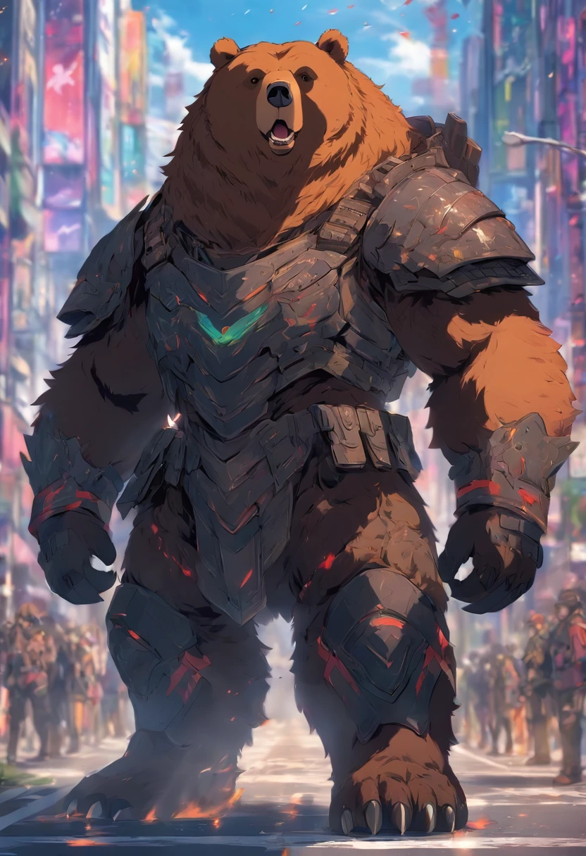 Bear wears combat armor, standing, on the road, stunning style