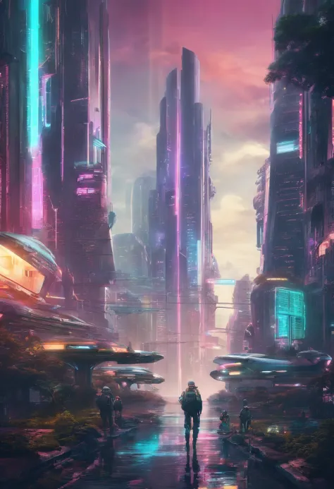 Futuristic Cyberpunk city with river, scenery shot, lluvia intensa, robots drones patrullando, Modernist tactical city, Science-Fiction, fantastical scenes, Detalles locos, tendencias en Artstation.