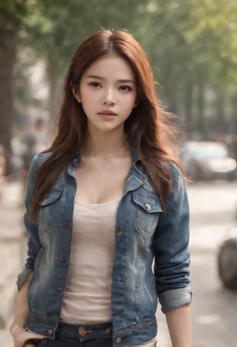((medium breast, tomboy girl, small head)), daylight, sunlight, (chiseled abs : 1.1), (perfect body : 1.1), (long straight hair : 1.2), collar, chain, full body shot, crowded street, wearing tight tanktop, jeans jacket, ((shorts)), (extremely detailed CG 8k wallpaper), (an extremely delicate and beautiful), (masterpiece), (best quality:1.0), (ultra highres:1.0), beautiful lighting ,perfect lightning, realistic shadows, [high res], detailed skin, ultra-detailed