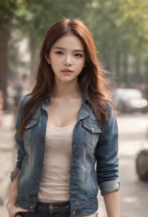 ((medium breast, tomboy girl, small head)), daylight, sunlight, (chiseled abs : 1.1), (perfect body : 1.1), (long straight hair : 1.2), collar, chain, full body shot, crowded street, wearing tight tanktop, jeans jacket, ((shorts)), (extremely detailed CG 8...