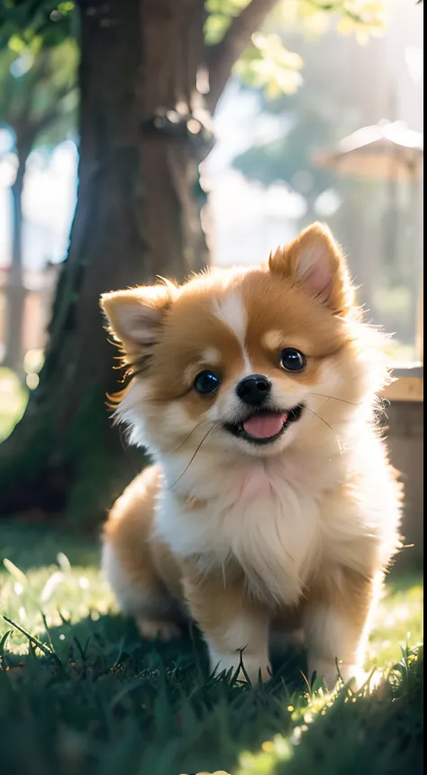 (2 girls:1.2) , 2 pomeranian puppies, cute, outdoors, god rays,  kawaii, slice of life, studio ghibli, (masterpiece:1.2), (best quality:1.2), Amazing, highly detailed, beautiful, finely detail, Depth of field, extremely detailed CG unity 8k wallpaper,