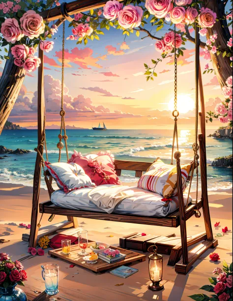 painting of  a seaside , beautiful swing, pillow on hammock,, destination, romantic,roses,sand, ocean waves,dusk,beautiful art u...