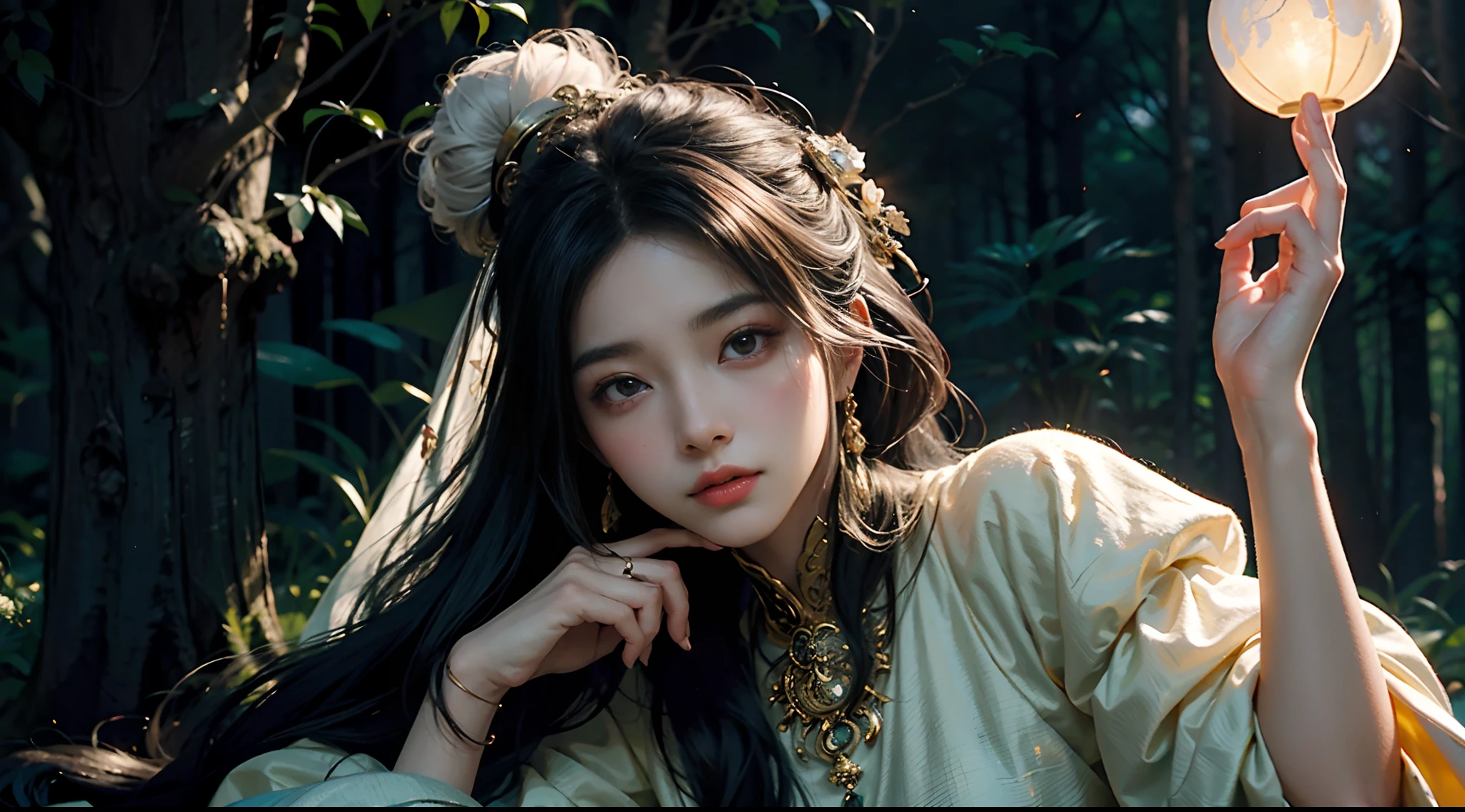 In the style of anime, Several mysterious young women hold a glowing orb，Cast a soft glow, ethereal glow upon her flawless features. The setting is a silent, moonlit forest and her attire is an ornate fusion of traditional Asian culture and futuristic fantasy. Every detail of her face and costume is presented in extreme close-ups，The level of detail is extraordinary. artist: Alec Soth