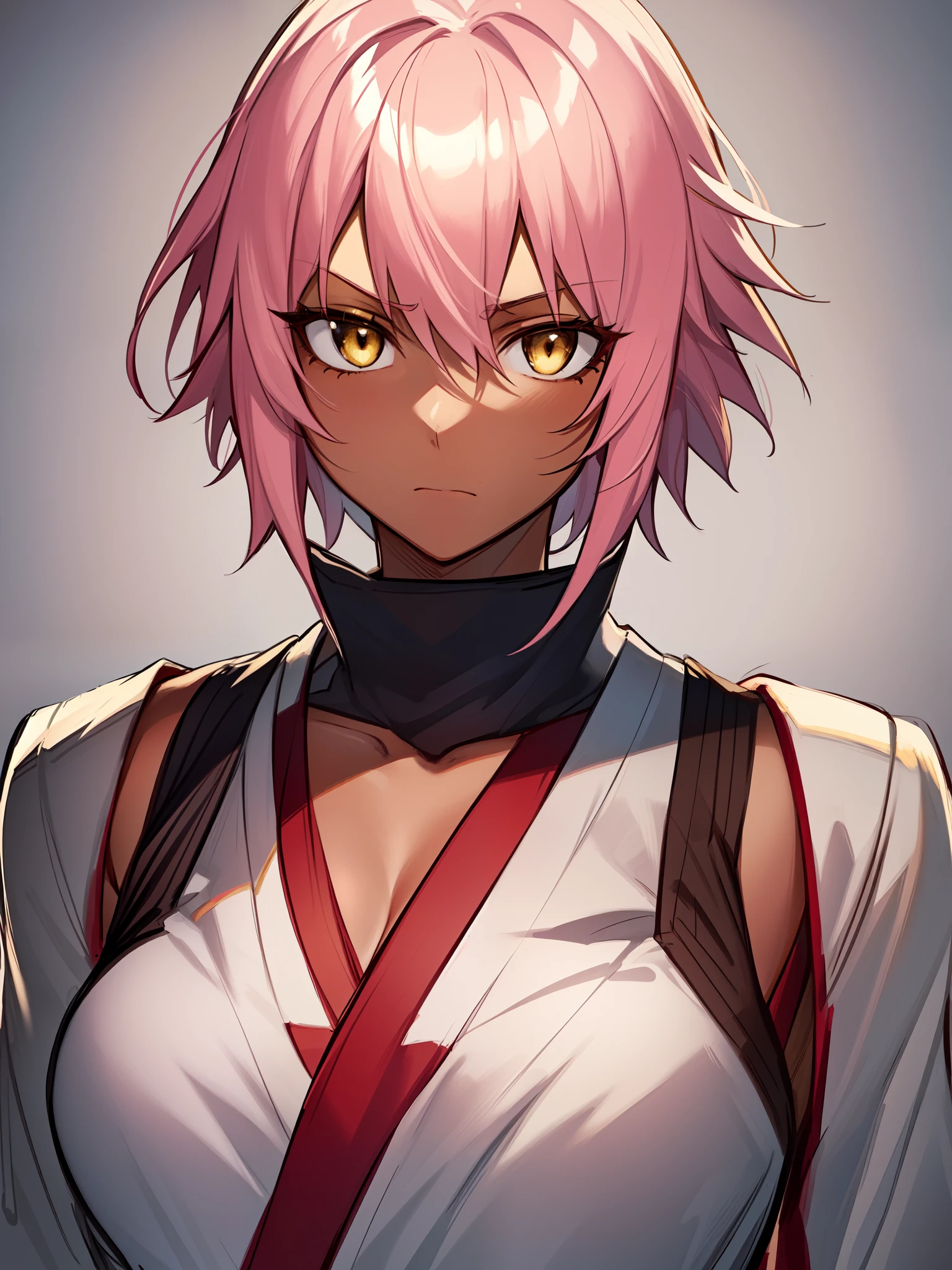 ((golden colored eyes)), ((pale pink hair)), ((tomboy)), ((short hair)), ((small breasts)), ((mature female)), ((wild hairstyle)), ((medic)), ((complementary colors)), ((tough expression)), ((dark skin)), 1girl, beautifully drawn, high resolution illustration, best quality, High definition, ((detailed anime sketch)), Masterpiece, (solo), absurdres, portrait, detailed background, fine detail, female focus, HDR, upper body, close-up, ((shinobi clothing)),