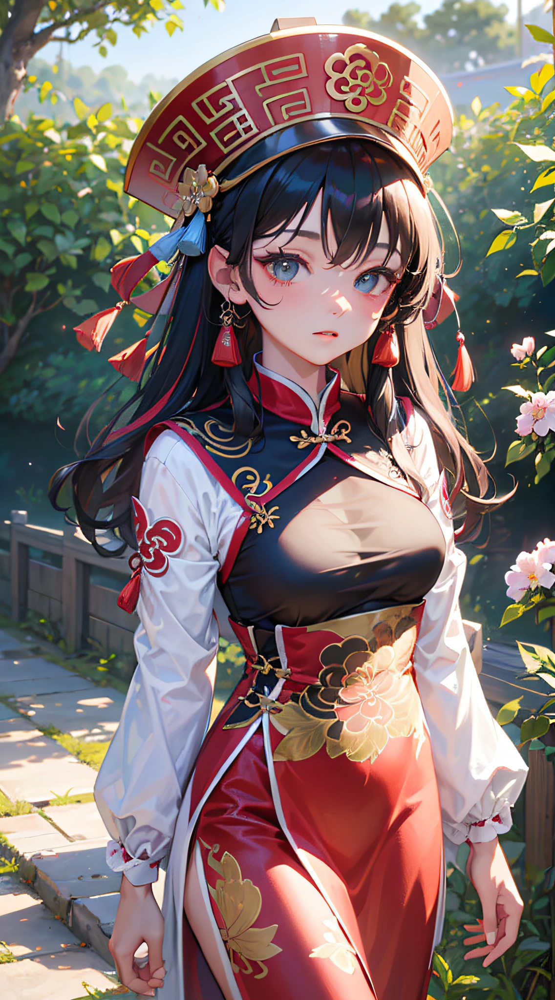 (absurdrez, highres, Ultra-detail), 1girls, soli, Waist slender, slender legs, (very long hair, multicolored wildly hair,  Wearing ancient Chinese hats), fluttering dress, thin fabric, traditional Chinese costume, Chinese Xian., Baú Hill, sweat, long dresses, longsleeve, chic, colorfully, Maximum detail, upperbody, plein-air, Peach flower garden, Scattered snow showers,