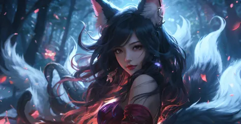 Anime girl with horns and horns in the forest, ahri, portrait of ahri, ahri from league of legend, Extremely detailed Artgerm, A...