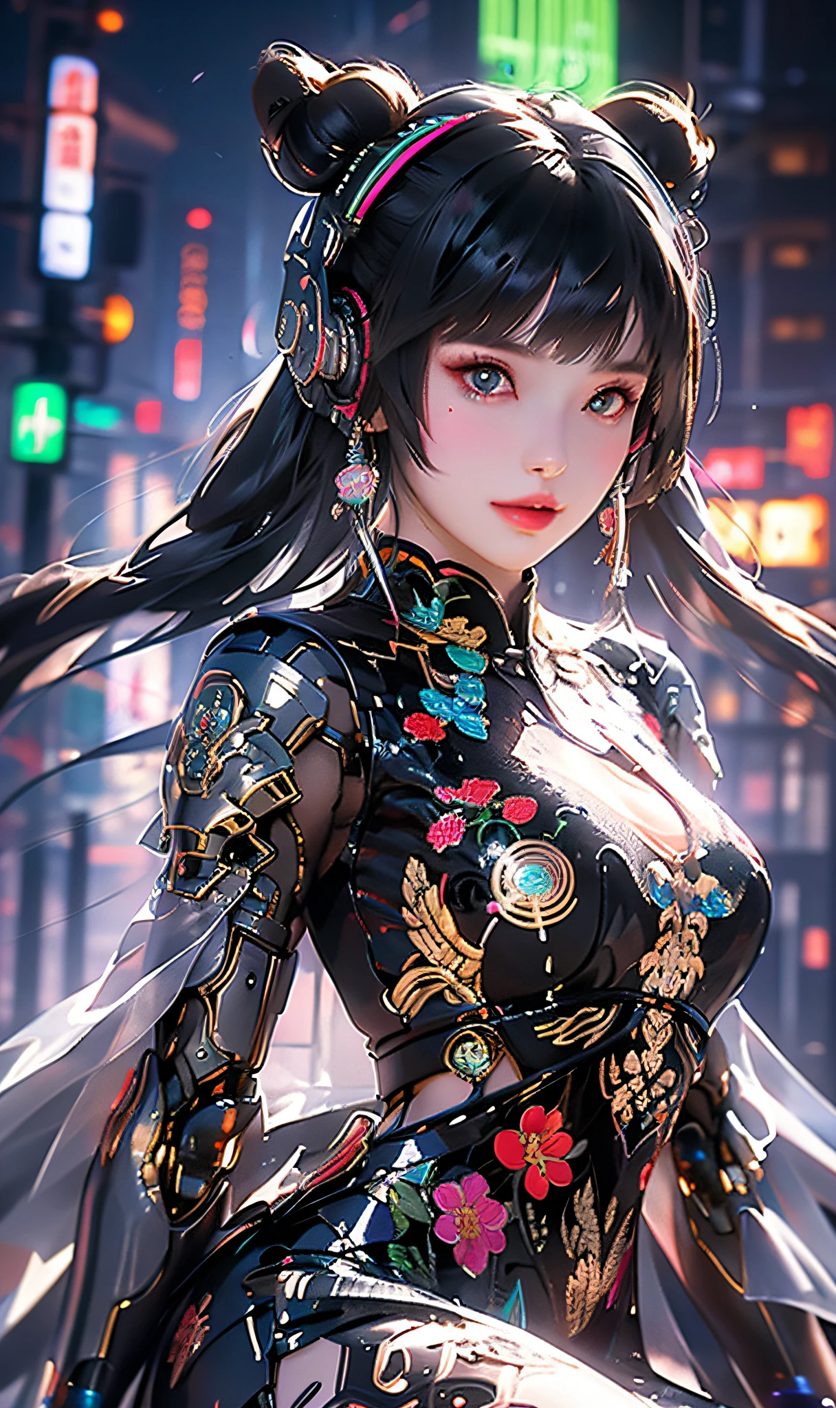 1 garota, chinês_roupas, metallic black titanium and rosa, cyberhan, cheongsam, ciberpunk city, pose dinâmica, fones de ouvido luminescentes detalhados, Acessórios de cabelo luminosos, cabelo longo, Brincos luminosos, colar brilhante, ciberpunk, cidade de alta tecnologia, full of mechanical and futurista elements, futurista, tecnologia, néon brilhante, rosa, rosa light, Saia sexy, capa preta translúcida, luz laser, fundo digital céu urbano, lua grande, com veículo, melhor qualidade, Obra de arte, 8K, luz de borda de personagem, detalhe super alto, alta qualidade, a mulher mais linda do ser humano, Sorriso, rosto voltado para frente e simetria esquerda e direita, decoração de orelha, Brilho de antena longa, Alunos lindos, efeitos de luz, visual data, cabelo tingido de cabelo prateado-vermelho-laranja, Textura facial ultradetalhada, feliz e orgulhoso, Sistema de Armas, transeuntes lotados, estilo mecha, usando uma antena brilhante na cabeça, injetor traseiro, posição sentada feminina, encolhimento da perna lateral