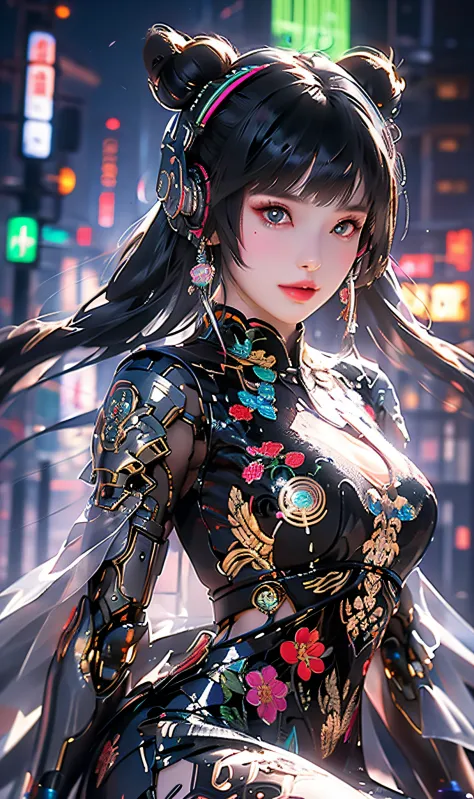 1 girl, Chinese_clothes, metallic black titanium and pink, cyberhan, cheongsam, cyberpunk city, dynamic pose, detailed luminesce...