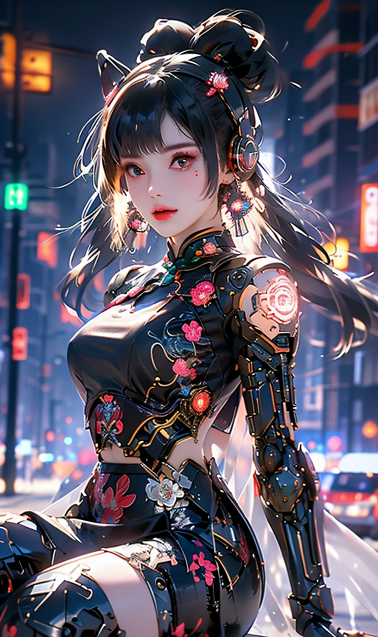 1 Mädchen, Chinesisch_Kleidung, metallic black titanium and Rosa, cyberhan, Cheongsam, cyberpunk city, dynamische pose, detailreiche, leuchtende Kopfhörer, leuchtende Haar-Accessoires, lange Haare, Leuchtende Ohrringe, leuchtende Halskette, cyberpunk, Hightech-Stadt, full of mechanical and futuristisch elements, futuristisch, Technologie, leuchtendes Neon, Rosa, Rosa light, Sexy Rock, durchscheinender schwarzer Umhang, Laserlicht, digitaler hintergrund urban himmel, Großer Mond, mit Fahrzeug, beste Qualität, Meisterwerk, 8K, Zeichenrandlicht, sehr hohe Detailgenauigkeit, gute Qualität, die schönste Frau unter den Menschen, lächeln, Gesicht nach vorne gerichtet und links und rechts Symmetrie, Ohrschmuck, langes Antennenglühen, Schöne Schüler, Lichteffekte, visuelle Daten, silber-rot-orange Haare färben, ultra-detaillierte Gesichtsstruktur, glücklich und stolz, Waffensystem, überfüllte Straße Passanten, Mecha-Stil, Eine leuchtende Antenne auf dem Kopf tragen, Rückeninjektor, mädchenhafte Sitzposition, Schrumpfung der Seitenbeine