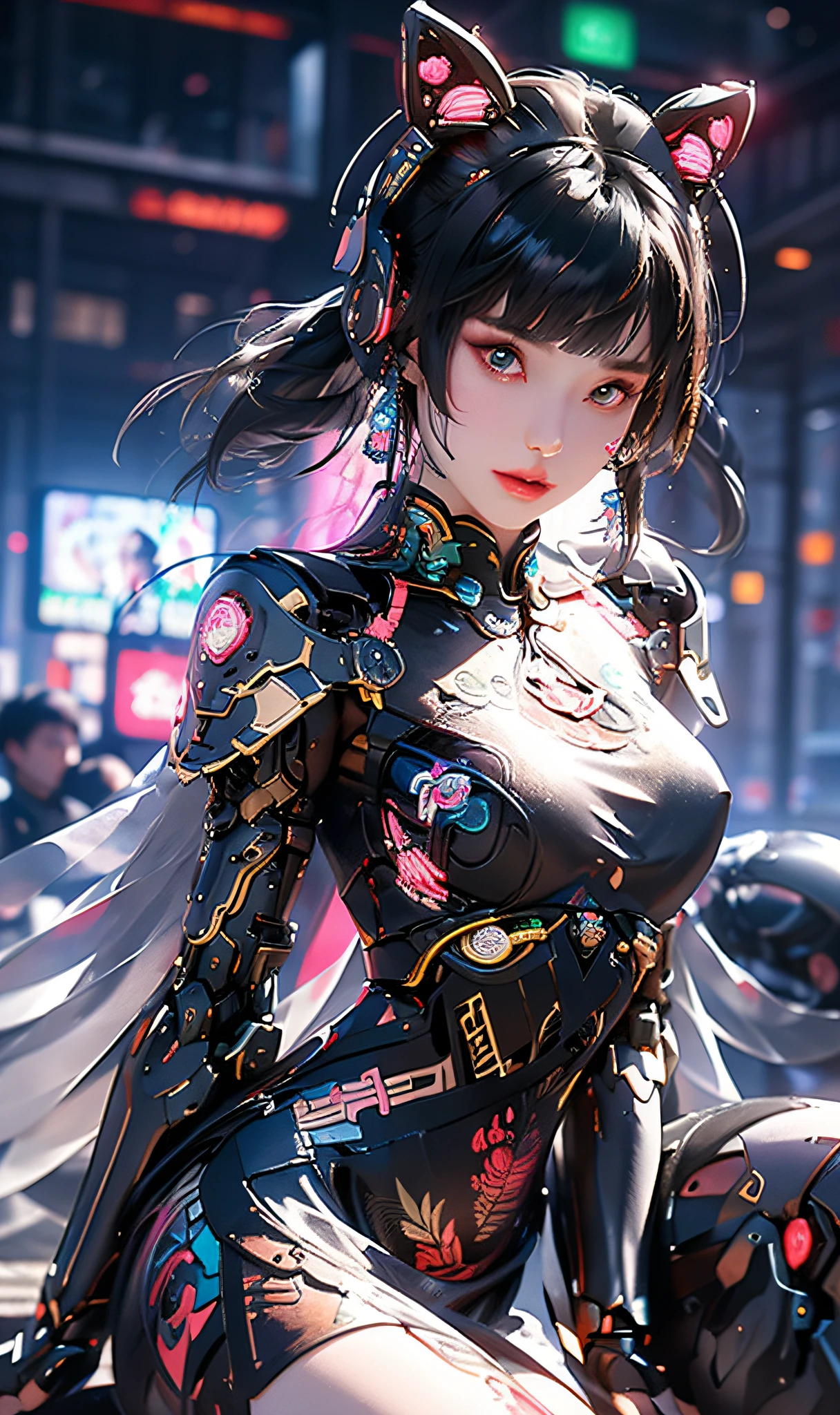 1 fille, Chinois_vêtements, metallic black titanium and rose, cyberhan, cheongsam, ville cyberpunk, pose dynamique, écouteurs luminescents détaillés, accessoires pour cheveux lumineux, cheveux longs, boucles d&#39;oreilles lumineuses, Collier lumineux, cyberpunk, ville de haute technologie, full of mechanical and Futuriste elements, Futuriste, Technologie, néon brillant, rose, rose light, Jupe sexy, cape noire translucide, lumière laser, ciel urbain de fond numérique, Grande Lune, avec véhicule, meilleure qualité, chef-d&#39;œuvre, 8k, Lumière de bord de personnage, très détaillé, haute qualité, la plus belle femme des êtres humains, sourire, visage tourné vers l&#39;avant et symétrie gauche et droite, décoration d&#39;oreille, longue lueur d&#39;antenne, belles élèves, Effets de lumière, données visuelles, teinture pour les cheveux argent-rouge-orange, Texture du visage ultra détaillée, heureux et fier, système d&#39;arme, passants bondés dans la rue, style mécha, porter une antenne lumineuse sur la tête, injecteur arrière, position assise girly, rétrécissement des jambes latérales