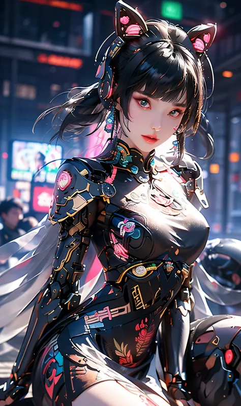 1 girl, Chinese_clothes, metallic black titanium and pink, cyberhan, cheongsam, cyberpunk city, dynamic pose, detailed luminesce...