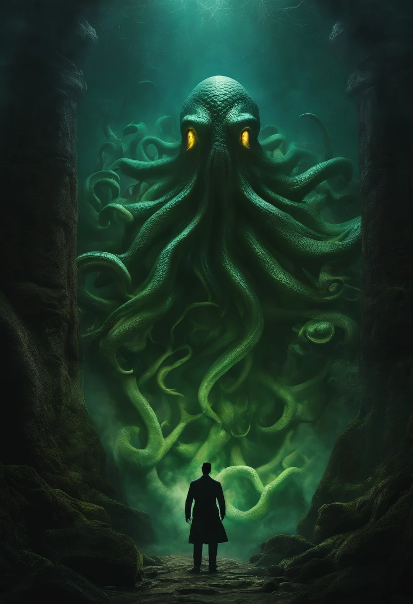 A Man Standing In Front Of A Giant Octopus In A Cave - Seaart Ai