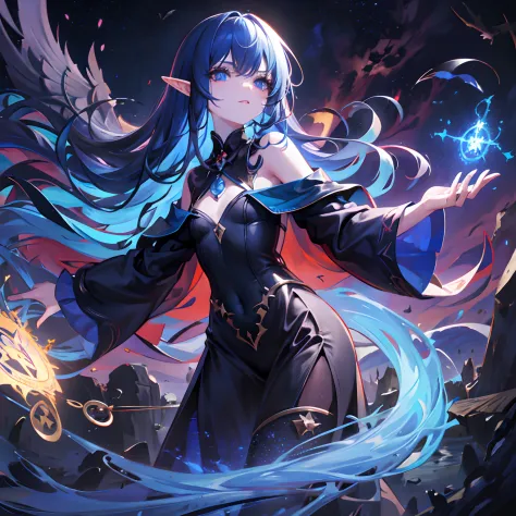 Death,blood,night, dark, (Fantasy),Infinite,deep blue sky,The abyss of knowledge,kowledge,(((masterpiece))),((best quality))),((beautiful fine eyes)),(eyelashes), monster, (one girl), blue-haired, long-haired, abyss-abyss eyes, glossy skin, oil, small, (bi...