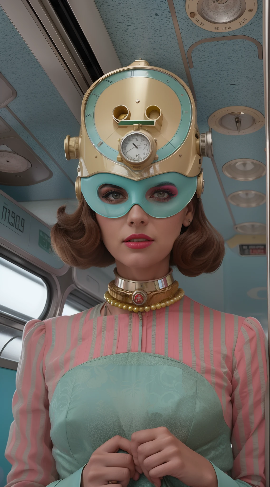 8k portrait of a 1960s science fiction film by Wes Anderson, Vogue anos 1960, pastels colors, There are people wearing futuristic animal masks and wearing extravagant retro fashion outfits and men and women wearing alien makeup and antique ornaments with mechanical pets in a park, Luz Natural, Psicodelia, futurista estranho, fotorrealista, hiper detalhado, foco nítido, Intrinsic, Fuji filmes 55mm,