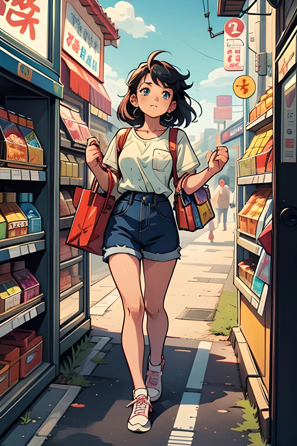 Captura de pantalla de anime vintage de akira, Anime de los 90. maximalismo vibrante. Una mujer robando en una tienda de conveniencia.