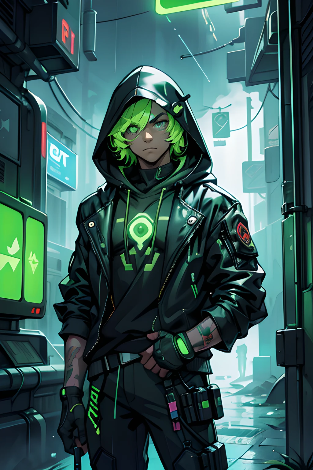 personnage masculin, dans le quartier cyberpunk, Néon vert, siphon dans les yeux, sombre ,pluie d&#39;argent,