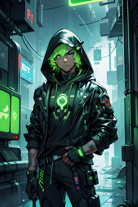 male character, in cyberpunk hood, green neon, siphon in the eye, dark ,money rain,