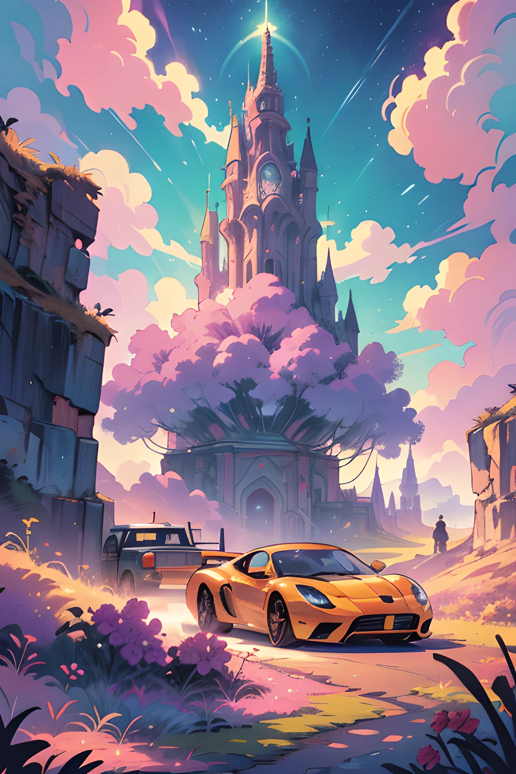 illustration of super cars by dan mumford, alien landscape and vegetation, epic scene, a lot of swirling clouds, high exposure, highly detailed, fantastical, vibrant purple tinted colors, uhd