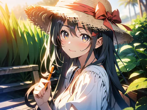 in 8k、top-quality、​masterpiece、ultra-detailliert、ultra-high resolution、anime style、1人の女性、mid summer、white dress、a straw fedora h...