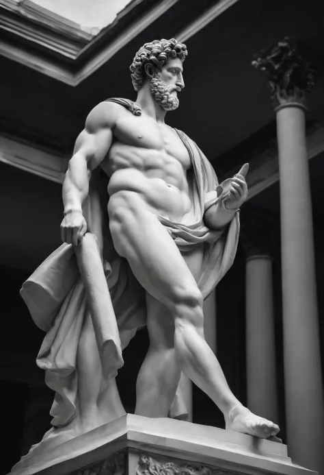 a portrait statue of the stoic Marcus Aurelius in black and white 4K, papel de parede super realista, corpo inteiro, corpo forte, musculoso, forte, sem camisa, tronco forte, forte, sem camisa, strong upper arms
