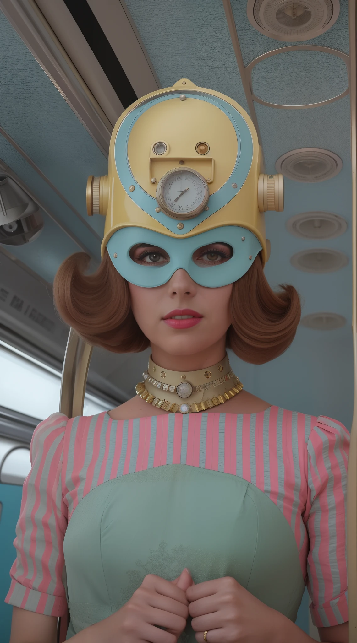 8k portrait of a 1960s science fiction film by Wes Anderson, Vogue anos 1960, pastels colors, There are people wearing futuristic animal masks and wearing extravagant retro fashion outfits and men and women wearing alien makeup and antique ornaments with mechanical pets in a park, Luz Natural, Psicodelia, futurista estranho, fotorrealista, hiper detalhado, foco nítido, Intrinsic, Fuji filmes 55mm,