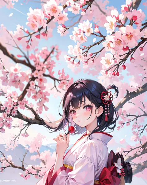 (Realistic painting style:1.0), Masterpiece, Best quality, absurderes, comic strip, illustration,
1girll, Long hair, Cute girl, young and cute girl, Japanese girl,
A girl in a kimono, Japanese_clothes,, Under a tree with pink flowers, under a sakura tree, ...