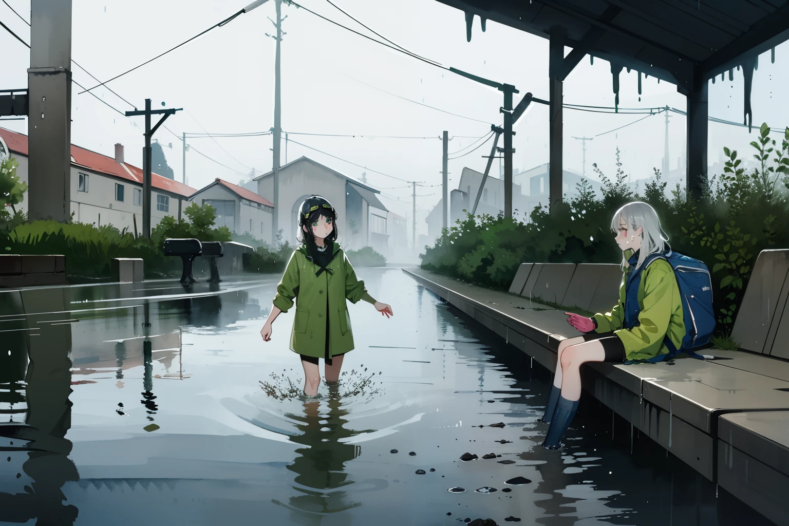 masterpiece, best quality, 2girls, (closeup), 18yo teen, slim, small breast, side view, walk knee-deep in water, sad, tired, dirty face, green raincoat, goggles on head, (backpacks), heavy rain, downpour, flood, wasteland, train station, industrial ruins, grey, desolate, rain, dark, watercolor