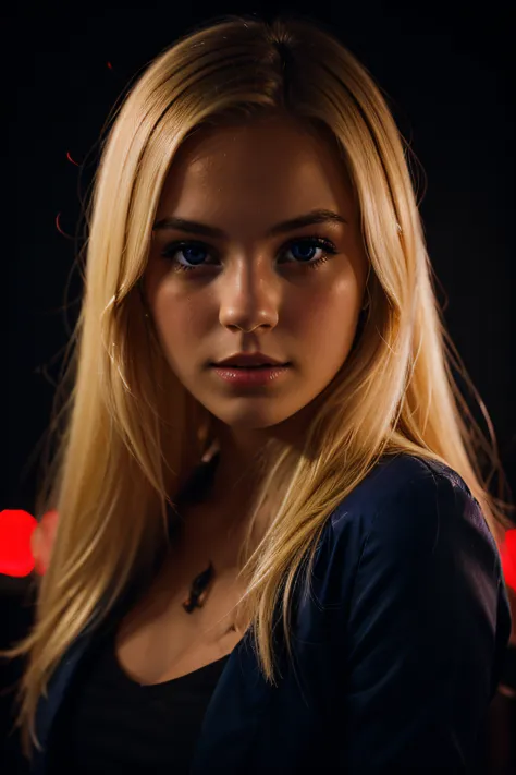 a beautiful blonde girl, red lights on left, blue lights on right, dark background, shot by Canon EOS 5D, realistic girl