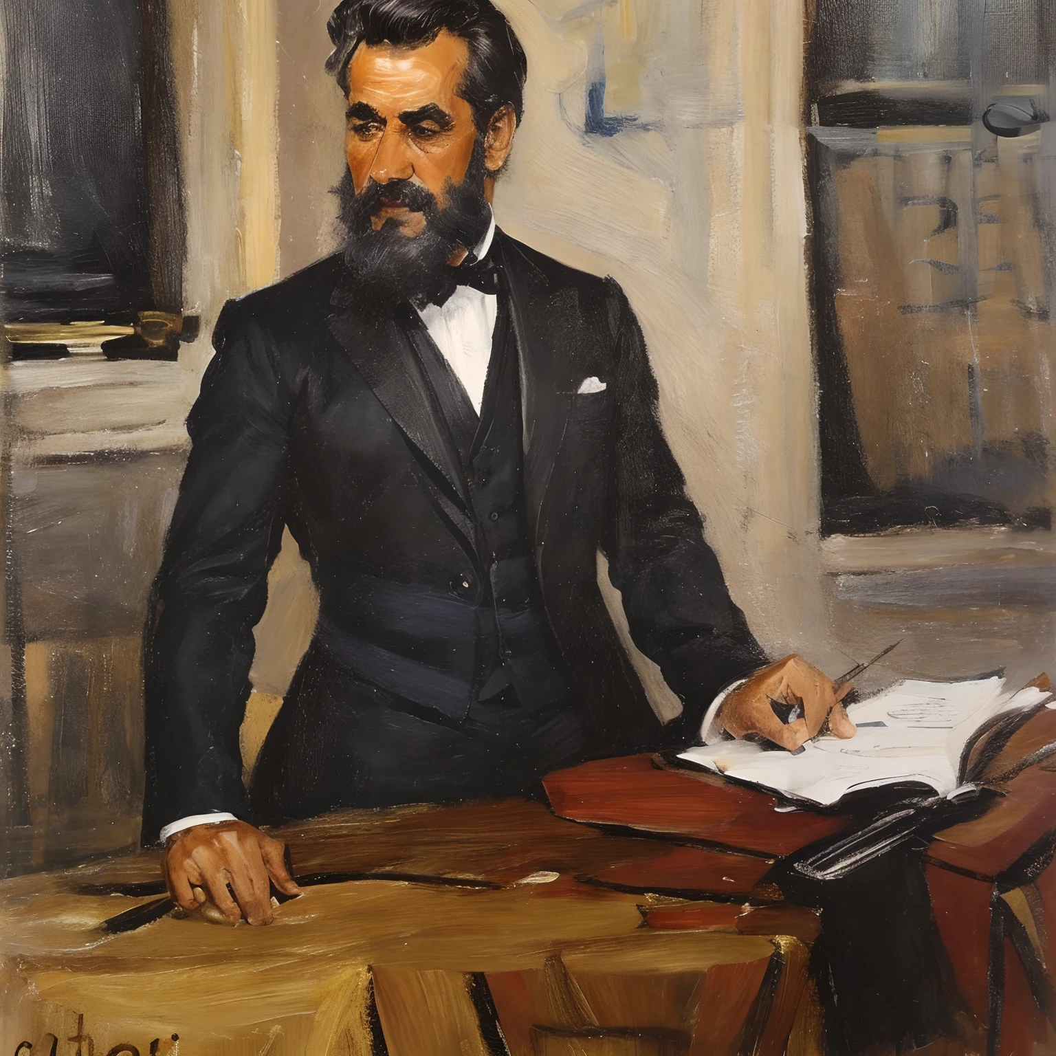 (best quality,highres),Realistic,portraite,18,portraits,Man,governor,56 years old,suit,tie,posingsolo,classic attire,Serious expression,formal dress,Richly detailed clothing,Dignified pose,victorian era,vindima,black andwhite,High contrast lighting,Shadows Dramatic,facial hair,mature face,Distinctive features,sharp focus,aged appearance,artistically created background,lines sharp,intricate patterns,meticulous brushstroke,varied textures,Stunning realism,vivid colors,attention to detail,age-appropriate wrinkles,carefully rendered eyes,intense stare,imposing presence,pose framed by ornate frame