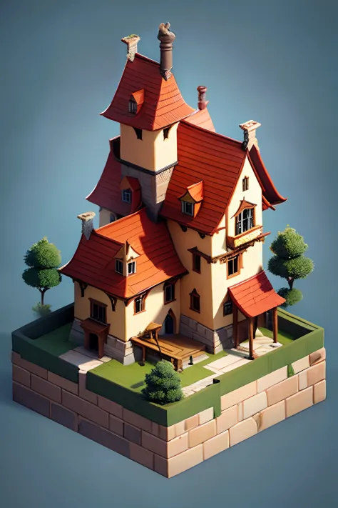 An isometric image of a house that belongs to a hero, medieval, renaissance, castle, mood is strong, stable, sturdy, formidable, construction, power, engaging, empowering.
