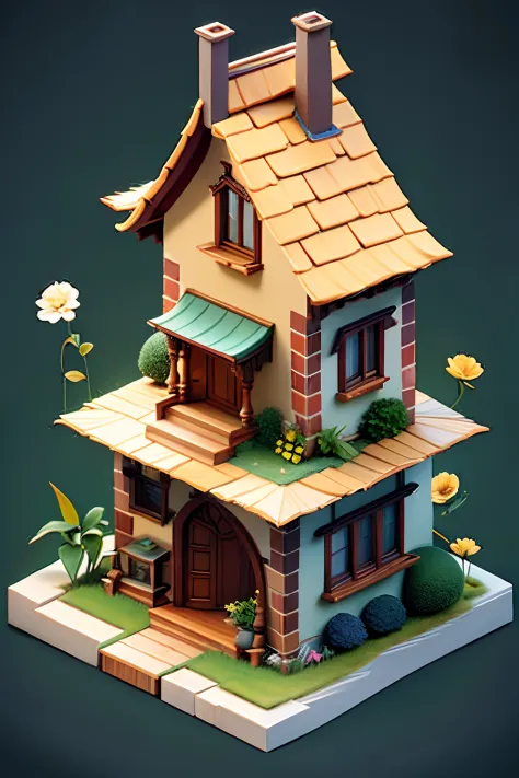 An isometric image of a house that belongs to a generous benefactor, mood is heavenly, hospitable, familial, sustenance, nurturing, wealth, affability, prosperous, saving, providing.